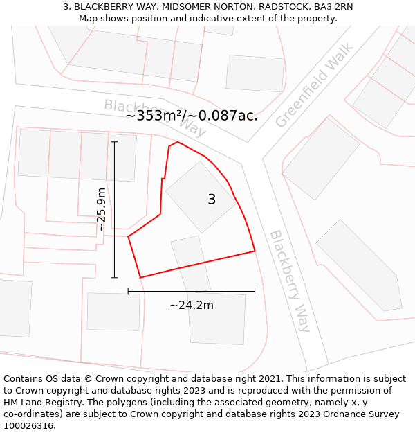 3, BLACKBERRY WAY, MIDSOMER NORTON, RADSTOCK, BA3 2RN: Plot and title map