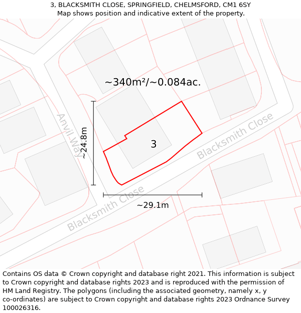 3, BLACKSMITH CLOSE, SPRINGFIELD, CHELMSFORD, CM1 6SY: Plot and title map