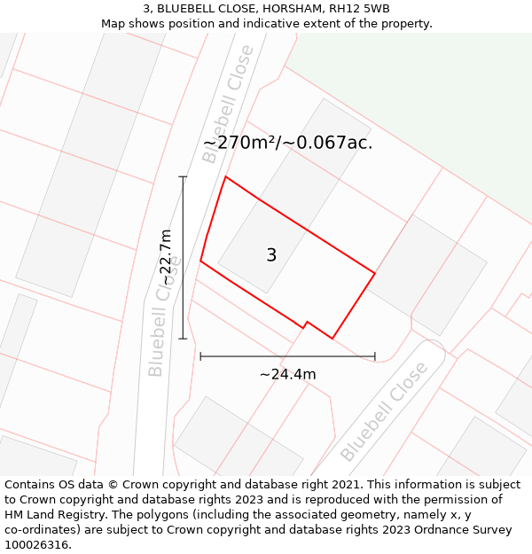 3, BLUEBELL CLOSE, HORSHAM, RH12 5WB: Plot and title map