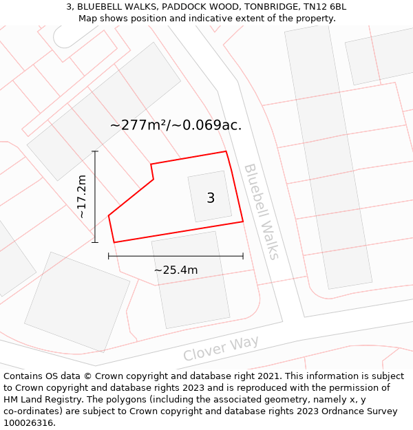 3, BLUEBELL WALKS, PADDOCK WOOD, TONBRIDGE, TN12 6BL: Plot and title map