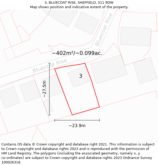 3, BLUECOAT RISE, SHEFFIELD, S11 9DW: Plot and title map