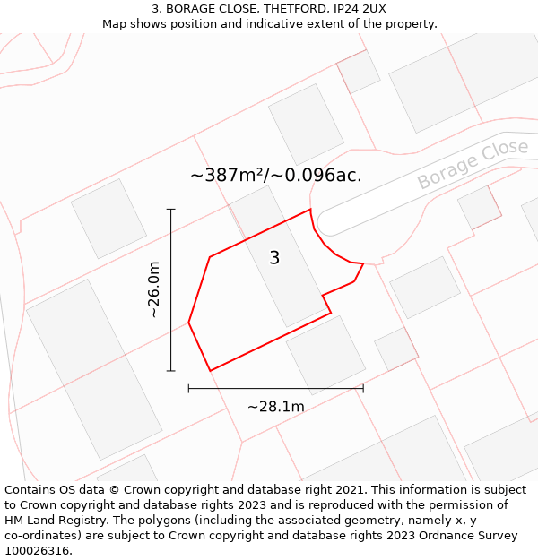 3, BORAGE CLOSE, THETFORD, IP24 2UX: Plot and title map