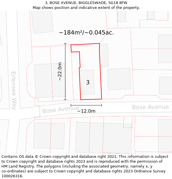 3, BOSE AVENUE, BIGGLESWADE, SG18 8FW: Plot and title map