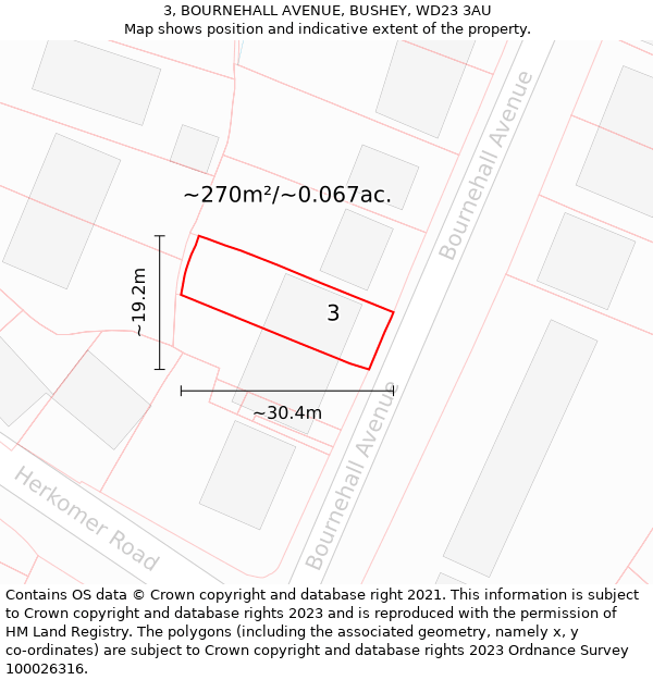 3, BOURNEHALL AVENUE, BUSHEY, WD23 3AU: Plot and title map