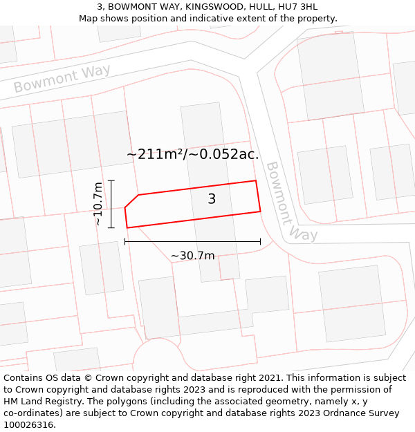 3, BOWMONT WAY, KINGSWOOD, HULL, HU7 3HL: Plot and title map