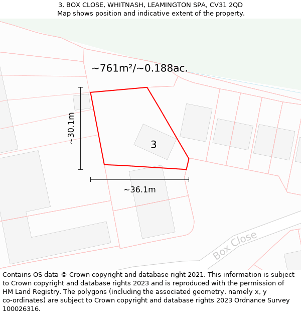 3, BOX CLOSE, WHITNASH, LEAMINGTON SPA, CV31 2QD: Plot and title map