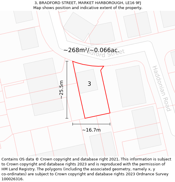 3, BRADFORD STREET, MARKET HARBOROUGH, LE16 9FJ: Plot and title map