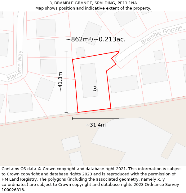 3, BRAMBLE GRANGE, SPALDING, PE11 1NA: Plot and title map