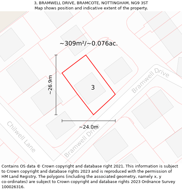 3, BRAMWELL DRIVE, BRAMCOTE, NOTTINGHAM, NG9 3ST: Plot and title map