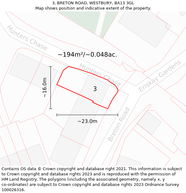 3, BRETON ROAD, WESTBURY, BA13 3GL: Plot and title map