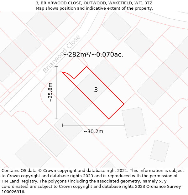 3, BRIARWOOD CLOSE, OUTWOOD, WAKEFIELD, WF1 3TZ: Plot and title map