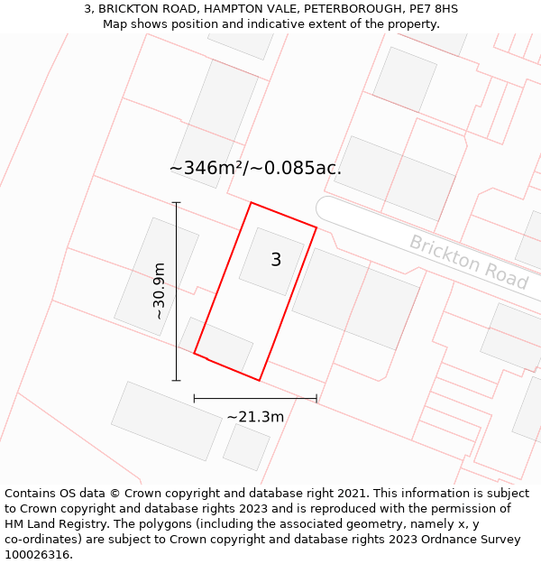 3, BRICKTON ROAD, HAMPTON VALE, PETERBOROUGH, PE7 8HS: Plot and title map