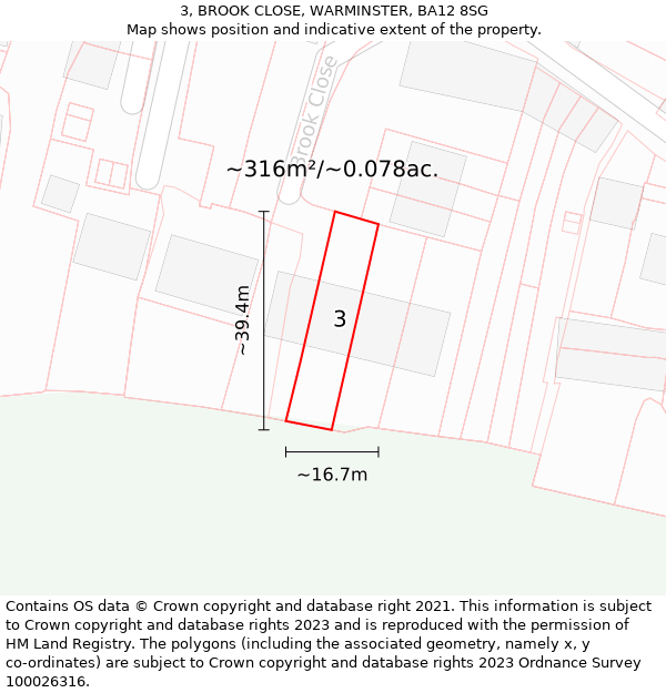 3, BROOK CLOSE, WARMINSTER, BA12 8SG: Plot and title map