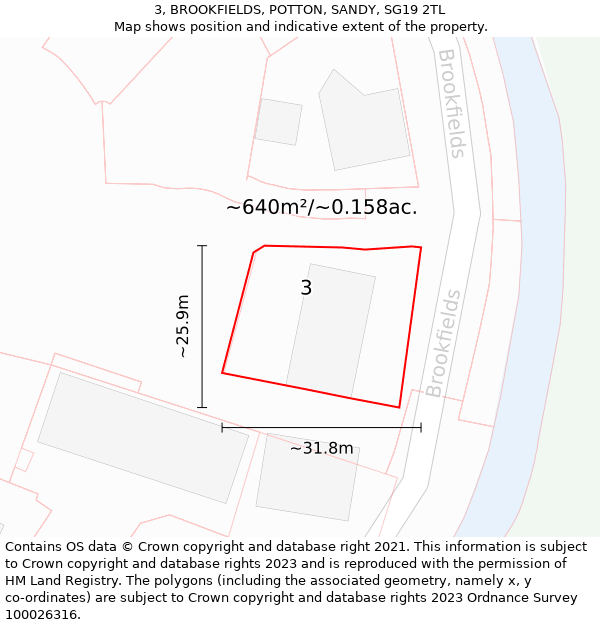 3, BROOKFIELDS, POTTON, SANDY, SG19 2TL: Plot and title map