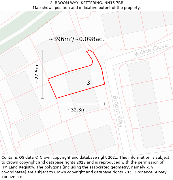 3, BROOM WAY, KETTERING, NN15 7RB: Plot and title map