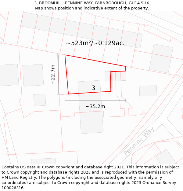 3, BROOMHILL, PENNINE WAY, FARNBOROUGH, GU14 9HX: Plot and title map