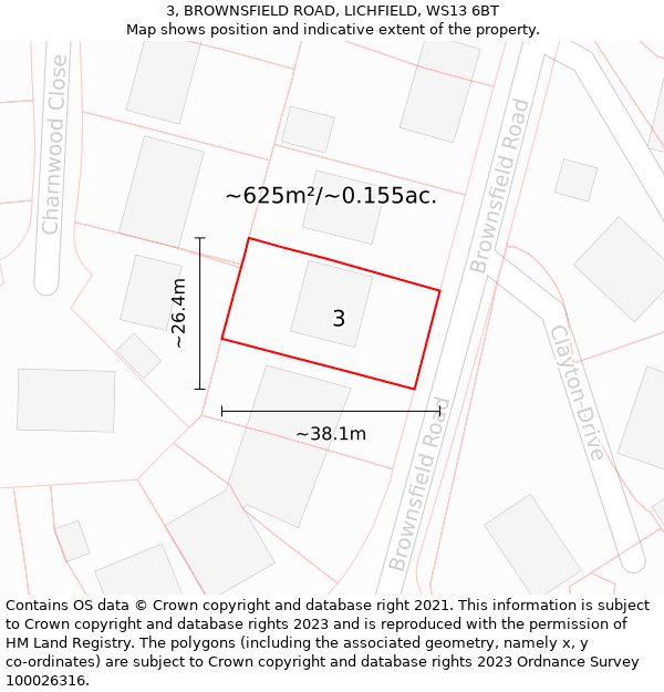 3, BROWNSFIELD ROAD, LICHFIELD, WS13 6BT: Plot and title map