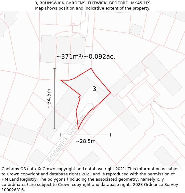 3, BRUNSWICK GARDENS, FLITWICK, BEDFORD, MK45 1FS: Plot and title map