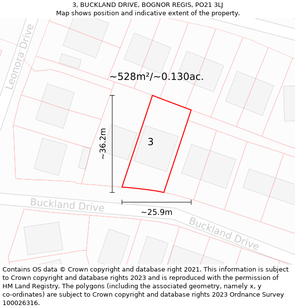 3, BUCKLAND DRIVE, BOGNOR REGIS, PO21 3LJ: Plot and title map