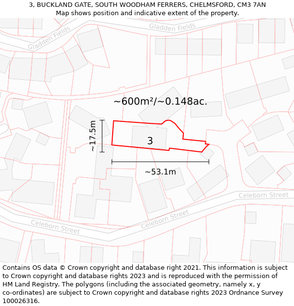 3, BUCKLAND GATE, SOUTH WOODHAM FERRERS, CHELMSFORD, CM3 7AN: Plot and title map