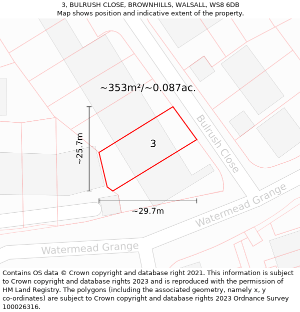 3, BULRUSH CLOSE, BROWNHILLS, WALSALL, WS8 6DB: Plot and title map