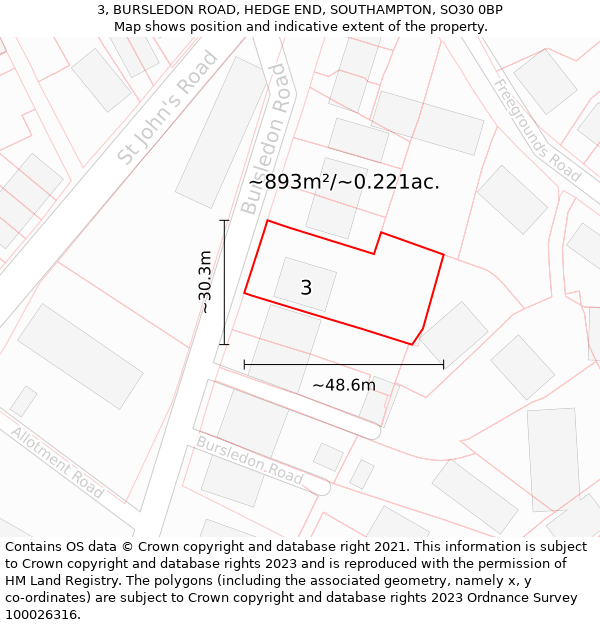 3, BURSLEDON ROAD, HEDGE END, SOUTHAMPTON, SO30 0BP: Plot and title map