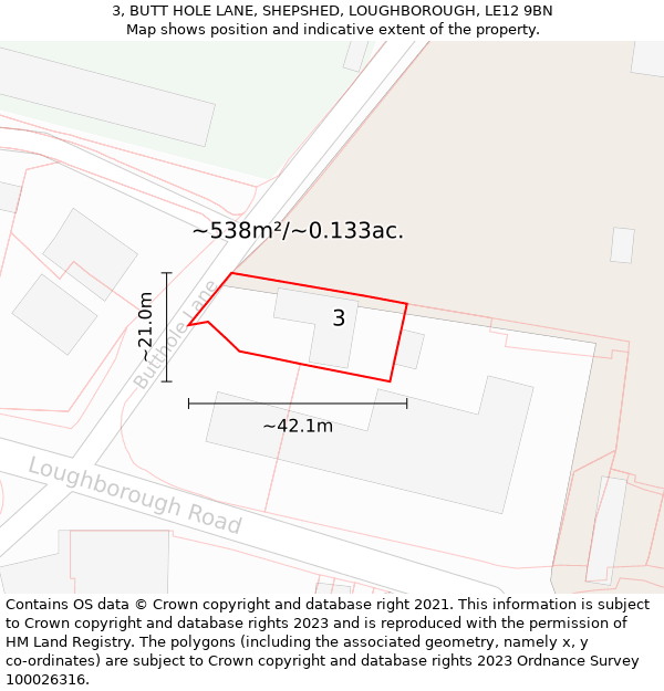 3, BUTT HOLE LANE, SHEPSHED, LOUGHBOROUGH, LE12 9BN: Plot and title map