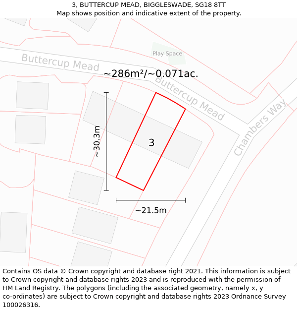 3, BUTTERCUP MEAD, BIGGLESWADE, SG18 8TT: Plot and title map