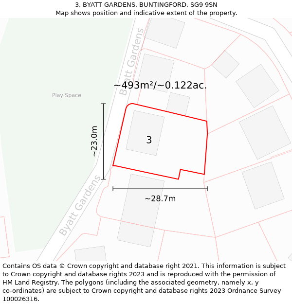 3, BYATT GARDENS, BUNTINGFORD, SG9 9SN: Plot and title map