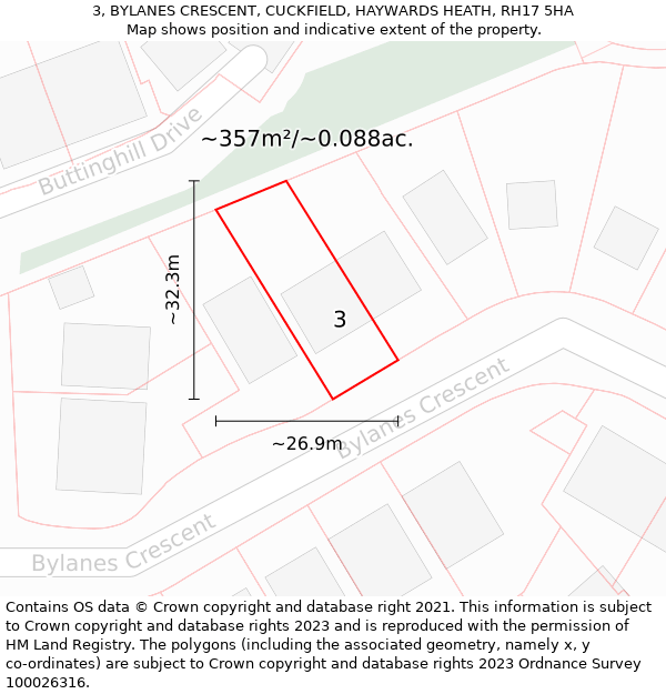 3, BYLANES CRESCENT, CUCKFIELD, HAYWARDS HEATH, RH17 5HA: Plot and title map