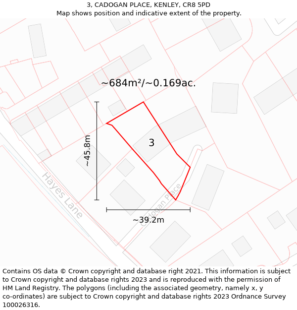 3, CADOGAN PLACE, KENLEY, CR8 5PD: Plot and title map