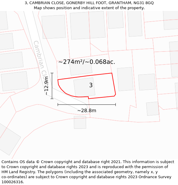 3, CAMBRIAN CLOSE, GONERBY HILL FOOT, GRANTHAM, NG31 8GQ: Plot and title map