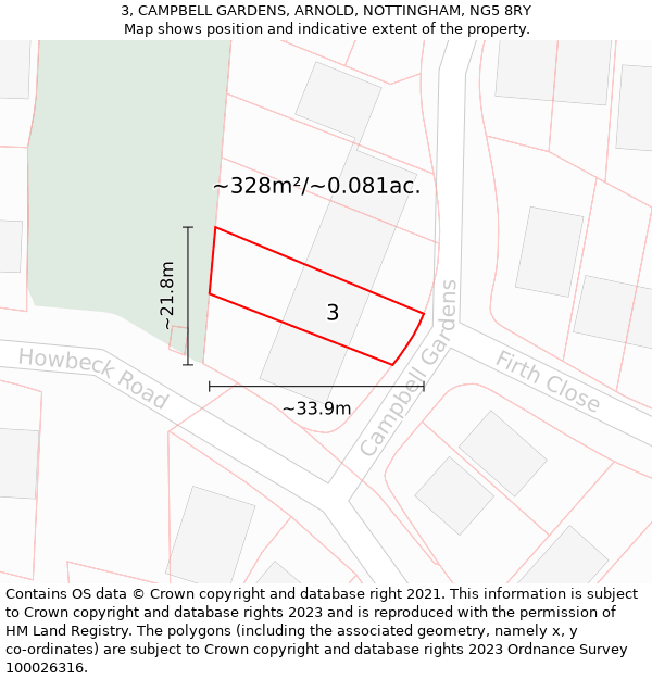 3, CAMPBELL GARDENS, ARNOLD, NOTTINGHAM, NG5 8RY: Plot and title map