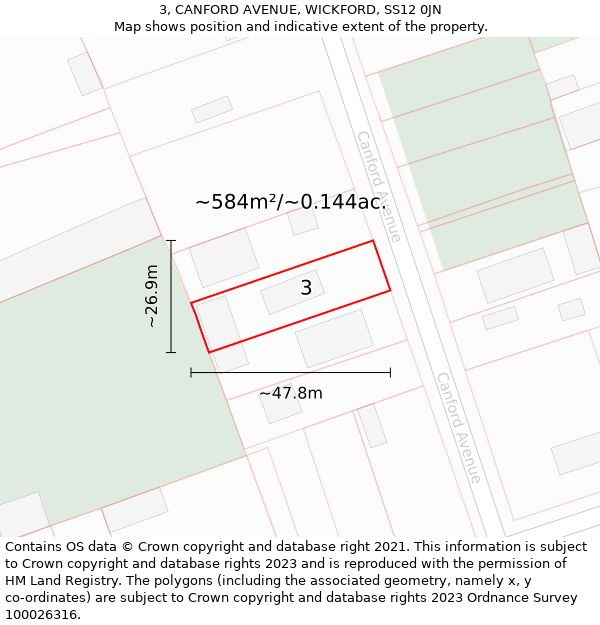 3, CANFORD AVENUE, WICKFORD, SS12 0JN: Plot and title map