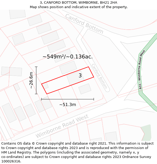 3, CANFORD BOTTOM, WIMBORNE, BH21 2HA: Plot and title map