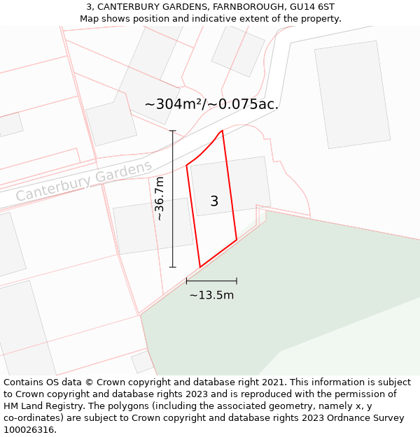 3, CANTERBURY GARDENS, FARNBOROUGH, GU14 6ST: Plot and title map