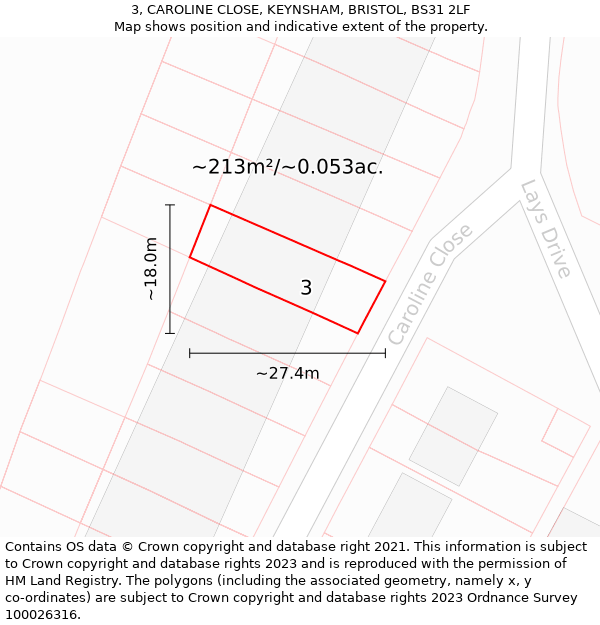 3, CAROLINE CLOSE, KEYNSHAM, BRISTOL, BS31 2LF: Plot and title map