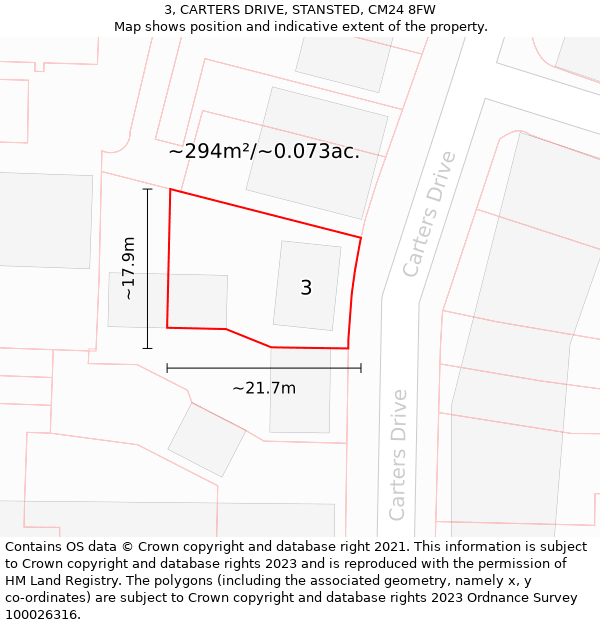 3, CARTERS DRIVE, STANSTED, CM24 8FW: Plot and title map