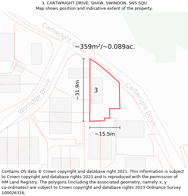 3, CARTWRIGHT DRIVE, SHAW, SWINDON, SN5 5QU: Plot and title map