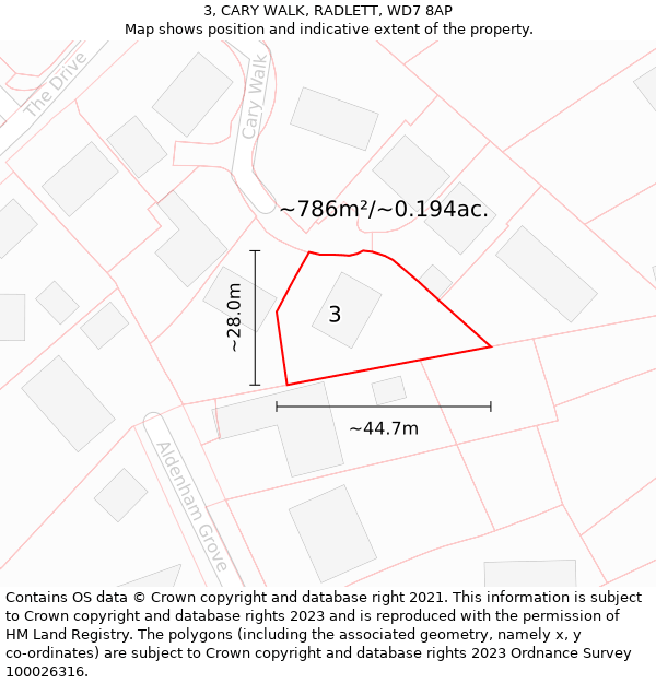 3, CARY WALK, RADLETT, WD7 8AP: Plot and title map