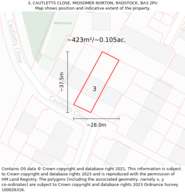 3, CAUTLETTS CLOSE, MIDSOMER NORTON, RADSTOCK, BA3 2PU: Plot and title map