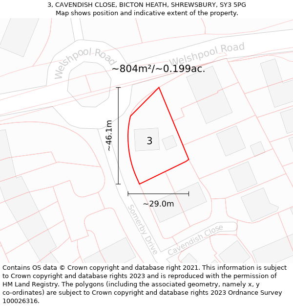 3, CAVENDISH CLOSE, BICTON HEATH, SHREWSBURY, SY3 5PG: Plot and title map