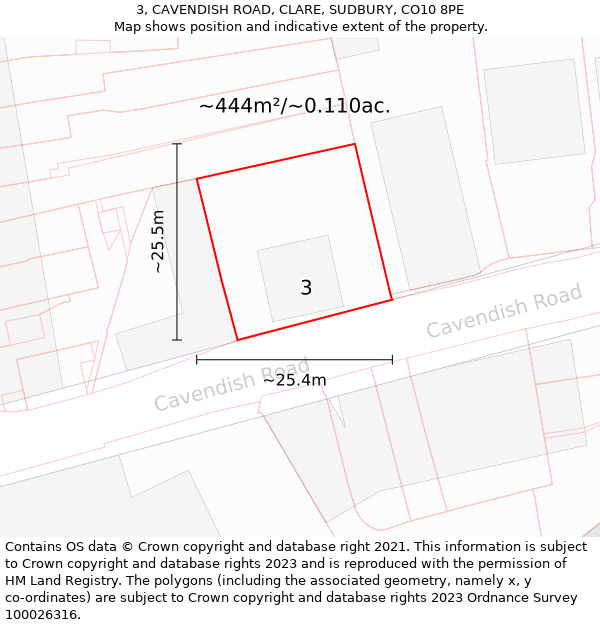 3, CAVENDISH ROAD, CLARE, SUDBURY, CO10 8PE: Plot and title map