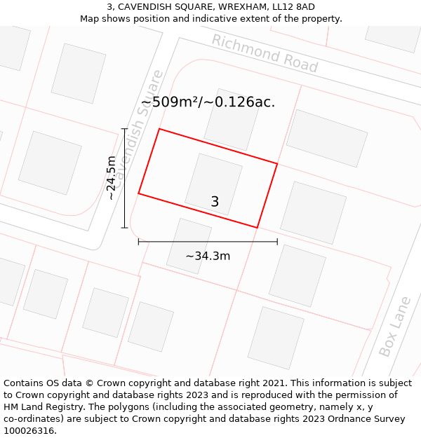 3, CAVENDISH SQUARE, WREXHAM, LL12 8AD: Plot and title map