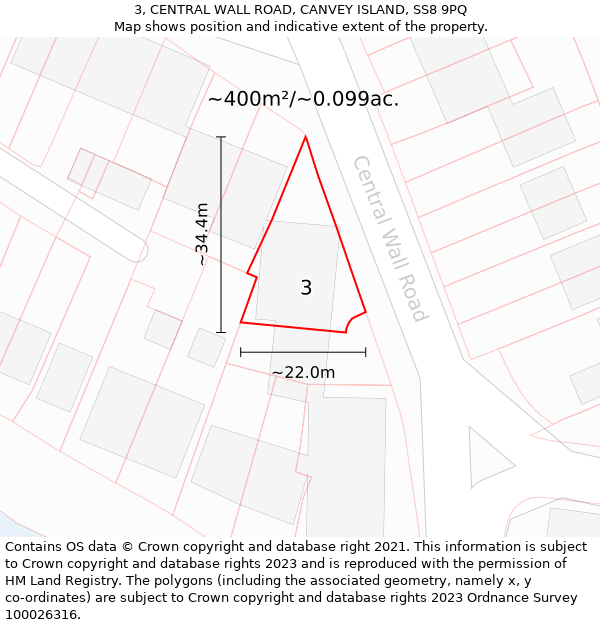 3, CENTRAL WALL ROAD, CANVEY ISLAND, SS8 9PQ: Plot and title map