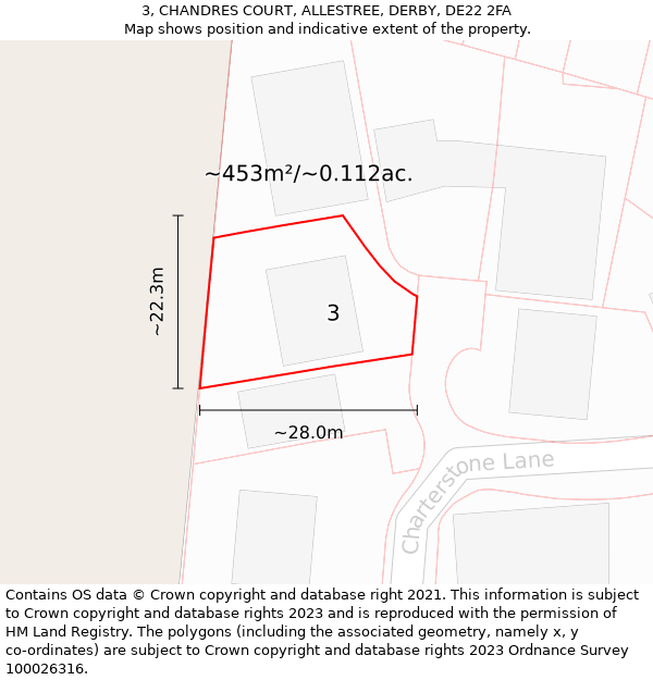 3, CHANDRES COURT, ALLESTREE, DERBY, DE22 2FA: Plot and title map
