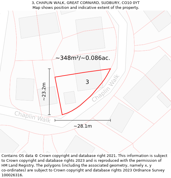 3, CHAPLIN WALK, GREAT CORNARD, SUDBURY, CO10 0YT: Plot and title map