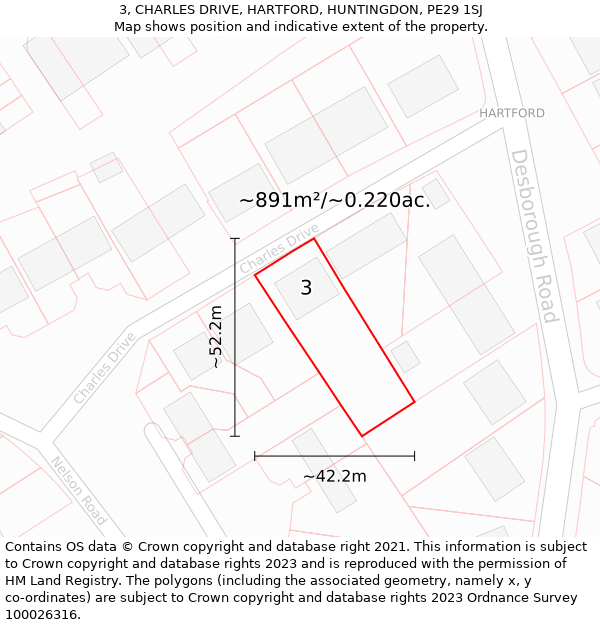 3, CHARLES DRIVE, HARTFORD, HUNTINGDON, PE29 1SJ: Plot and title map