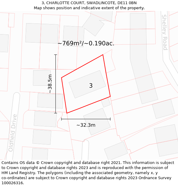 3, CHARLOTTE COURT, SWADLINCOTE, DE11 0BN: Plot and title map