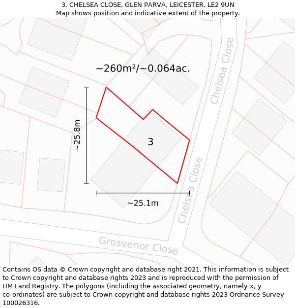 3, CHELSEA CLOSE, GLEN PARVA, LEICESTER, LE2 9UN: Plot and title map